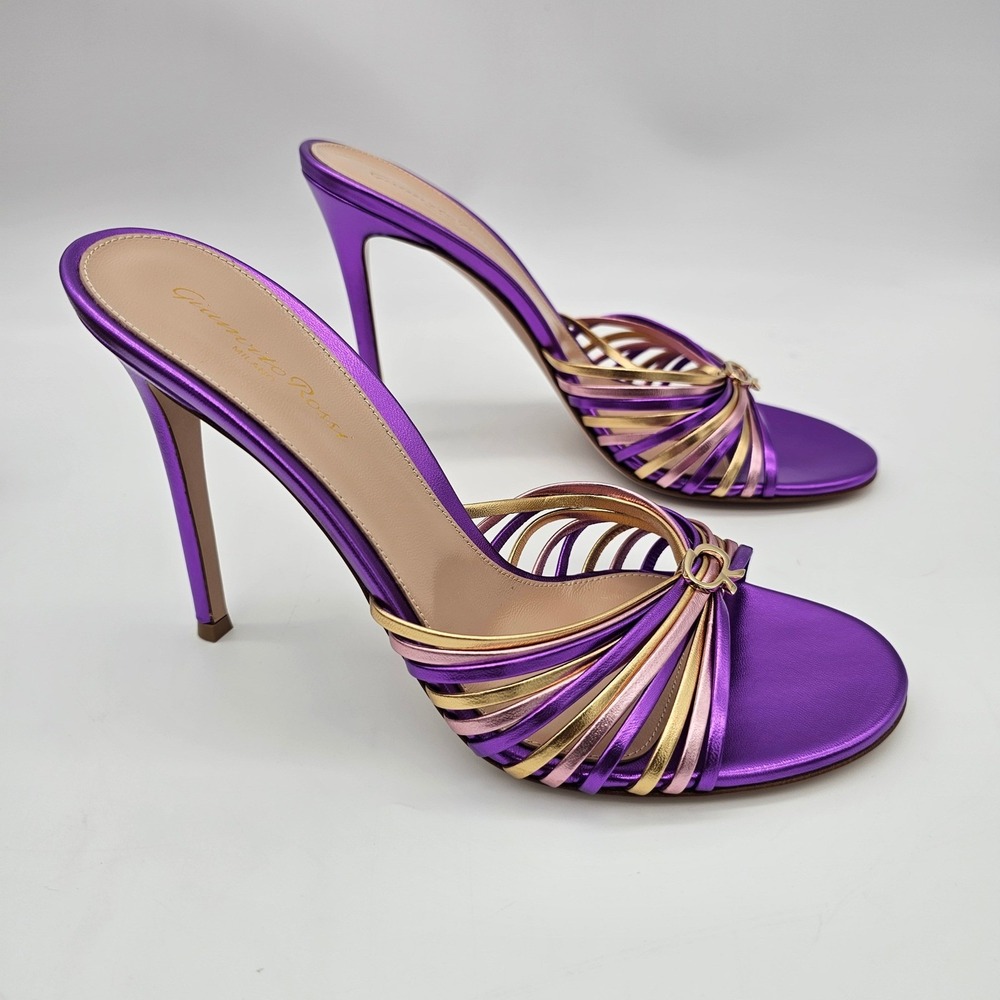 Gianvito Rossi Metallic Nappa Leather Stiletto Mules Purple Gold EU 39.5 US 9.5